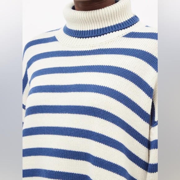 Toteme Signature Stripe Turtleneck Wool Cotton Oversized Knit Sweater Top Blue - Picture 8 of 12